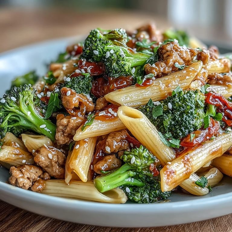 Delicious turkey and broccoli penne dish, served hot with a glossy sweet-spicy sauce and optional sesame garnish.