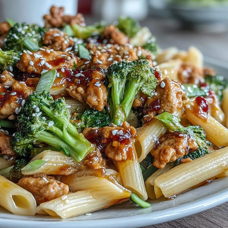 Colorful penne pasta tossed with savory ground turkey, fresh broccoli, and a zesty sweet-and-spicy glaze.  