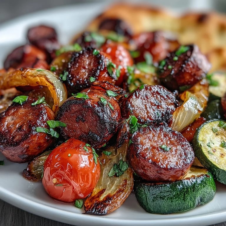 Vibrant roasted sausage, peppers, and zucchini served with soft garlic naan for dipping.  