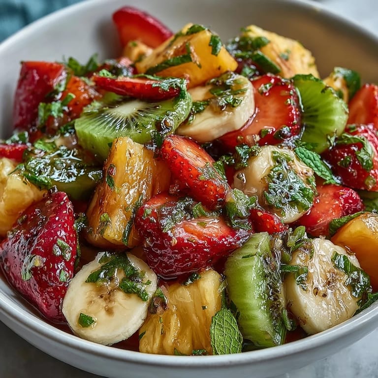 Refreshing tropical fruit salad with banana, mango, and papaya, tossed in a tangy mint lime dressing for summer.