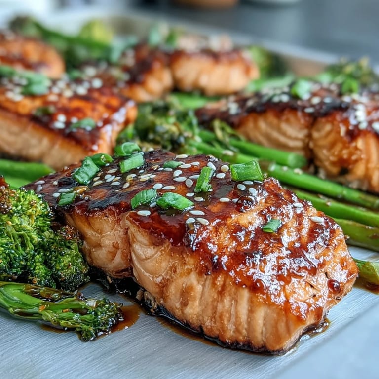 Delicious teriyaki salmon fillets paired with crisp snap peas and roasted broccoli, a quick and healthy Asian-inspired dinner.