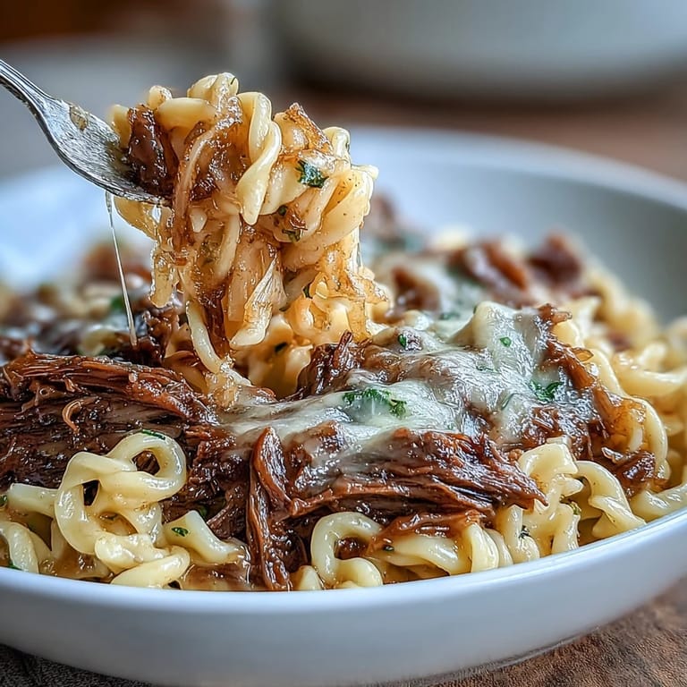 Slow-cooked beef chuck roast simmered with sweet onions and thyme, served on wide egg noodles with melted Gruyère for a comforting meal.