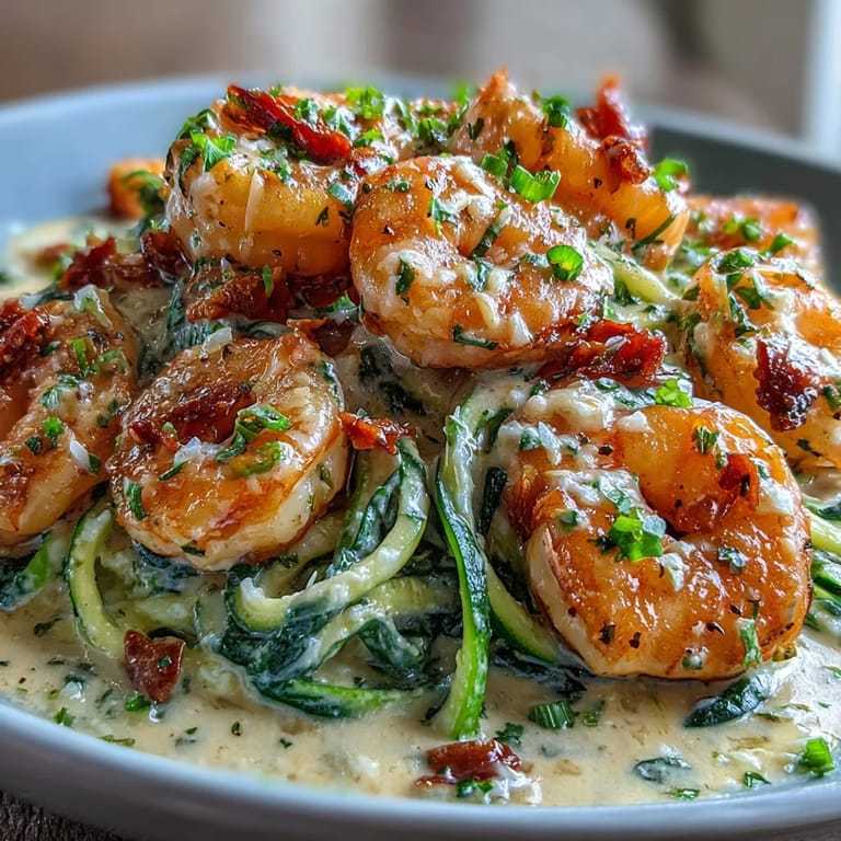 Keto-friendly Tuscan shrimp served in a velvety garlic cream sauce with Parmesan, spinach, and zucchini noodles.
