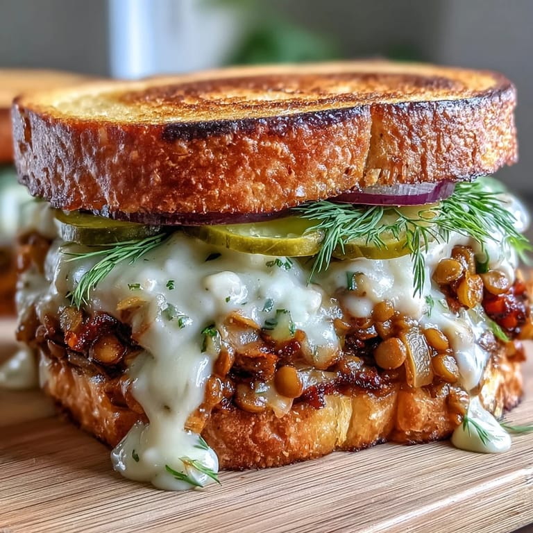 Savory lentil sloppy joe filling with bold spices served over crisp sourdough, drizzled with rich vegan cheese sauce.