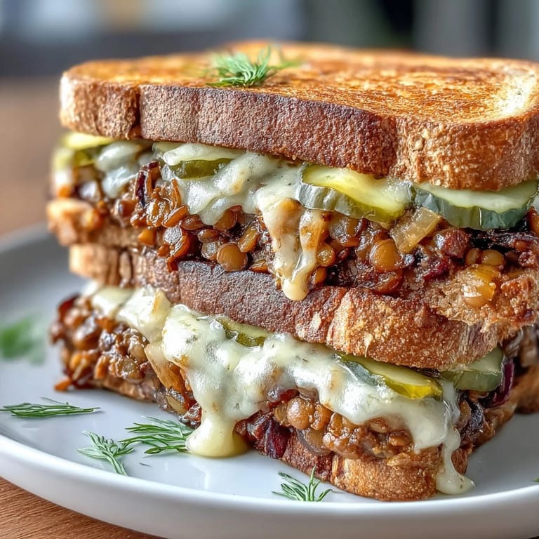 Comforting lentil sloppy joes with cheeseburger flavor, topped with pickles and red onion on warm toasted sourdough.