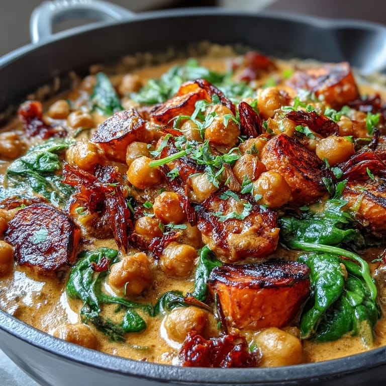 Hearty one-pan coconut curry with sweet potatoes, chickpeas, and spinach, creating a nourishing vegan dinner perfect for busy weeknights and meal prep.