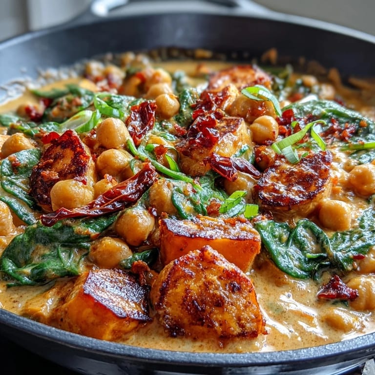 Wholesome vegan skillet meal featuring sweet potatoes, chickpeas, and spinach in a rich coconut curry sauce, garnished with fresh cilantro and lime for added brightness.