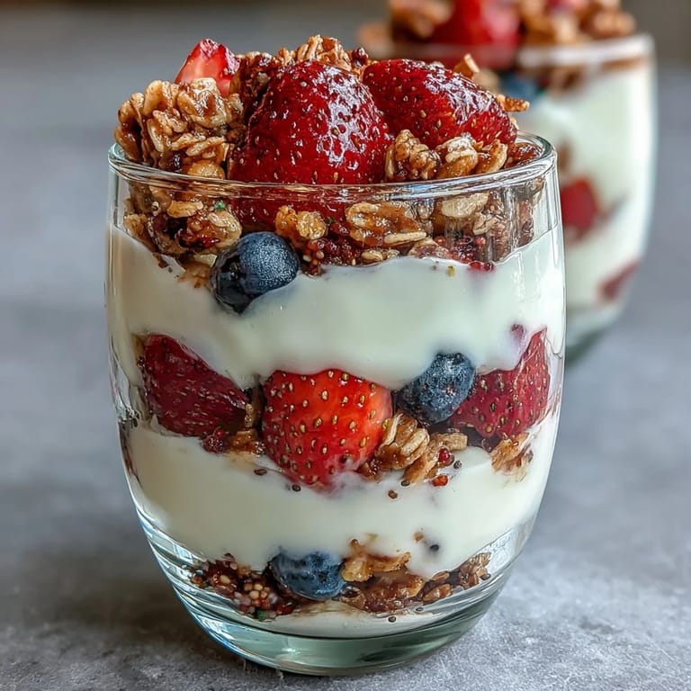 Indulge in a protein-rich Greek yogurt berry parfait with granola crumble, featuring juicy mixed berries and a satisfying crunchy topping in minutes.