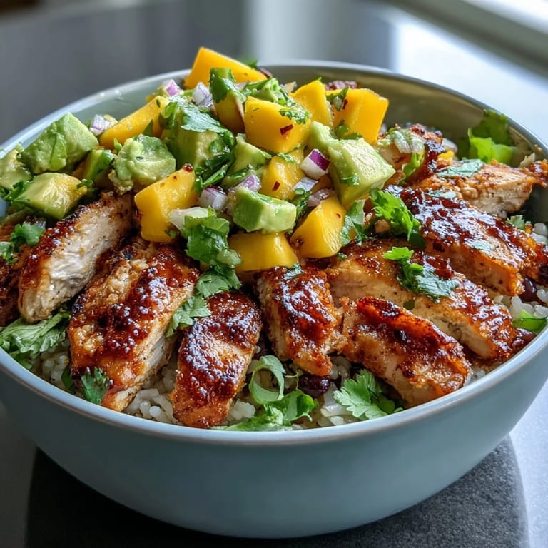 Juicy grilled chicken breast served over brown rice with sweet mango-avocado salsa, black beans, and a sprinkle of fresh cilantro.
