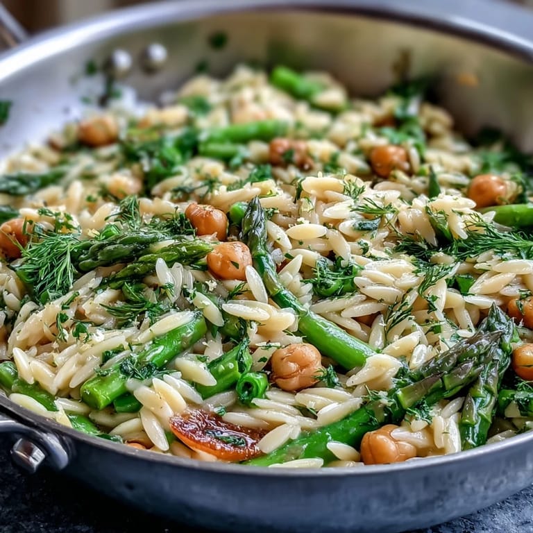 Creamy Mediterranean-inspired orzo pasta dish with asparagus, zucchini, and sugar snap peas in a zesty lemon broth.  