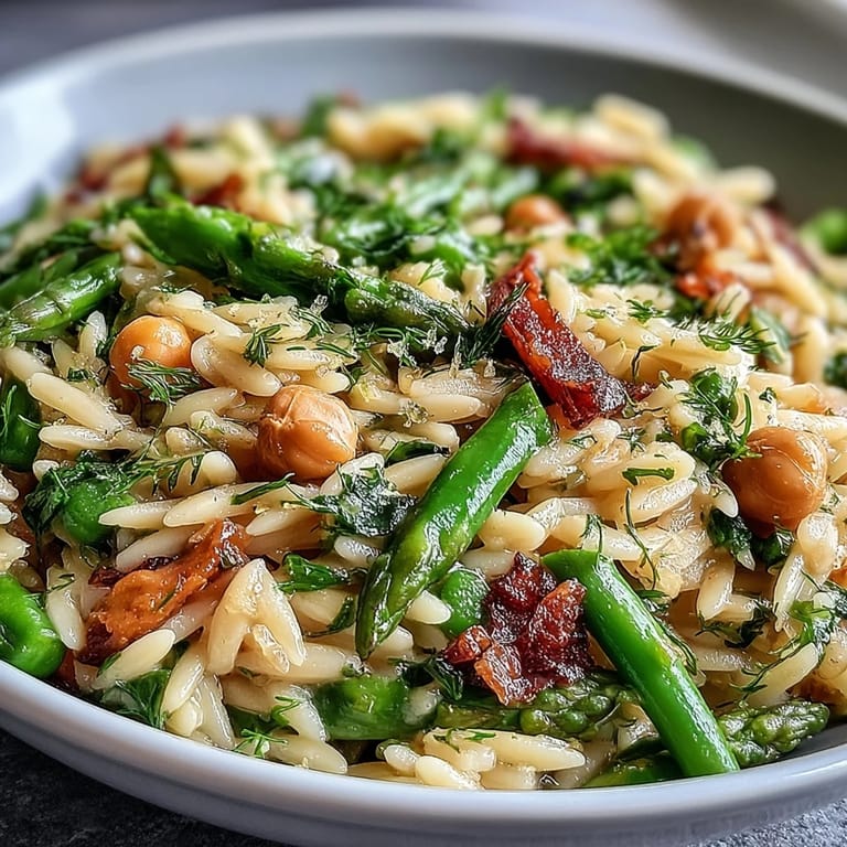 Healthy vegetarian one-pot meal featuring tender orzo, protein-rich chickpeas, and seasonal spring veggies with fresh herbs.