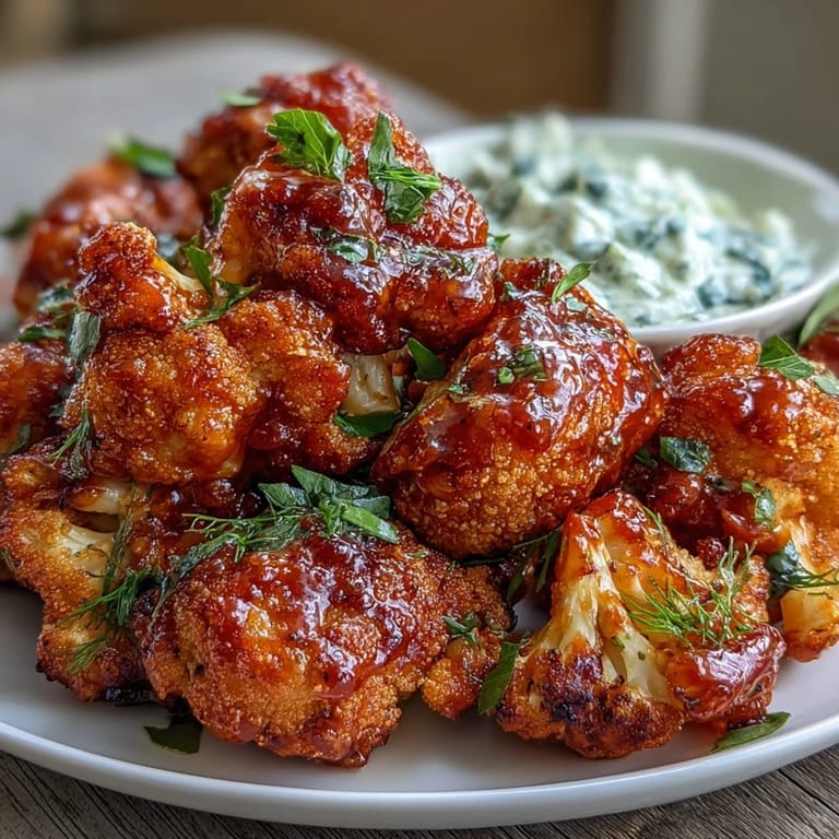 Spicy keto buffalo cauliflower wings with a velvety ranch yogurt dip, perfect for game day snacking or vegetarian appetizers.