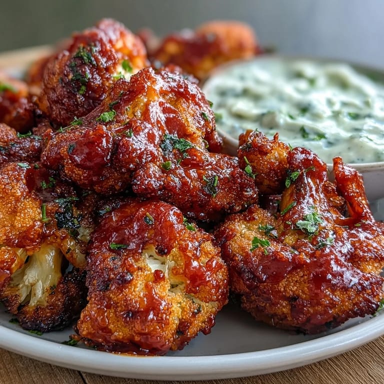 Golden-brown cauliflower bites coated in tangy buffalo sauce, paired with a cool, herby Greek yogurt ranch dip for dipping.  