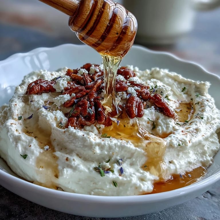 Velvety whipped feta spread with a salted honey drizzle, perfect for crostini or fresh vegetable dipping.