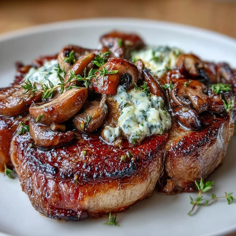 Succulent sirloin steak served with an aromatic wild mushroom and garlic butter topping, creating a restaurant-style dining experience at home.