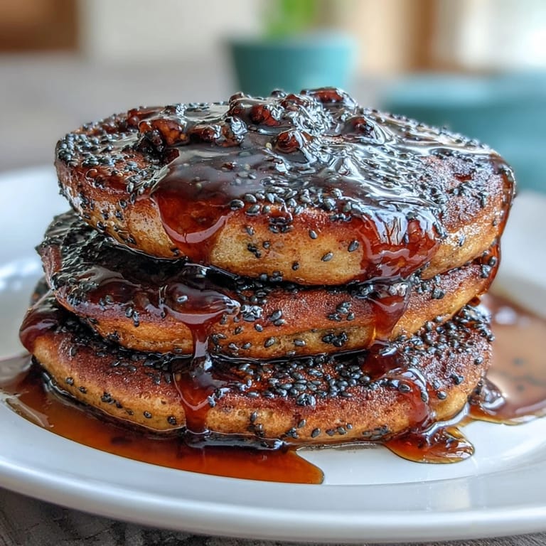 Soft and airy black sesame pancakes drizzled with honey, garnished with extra sesame seeds for a nutty crunch.