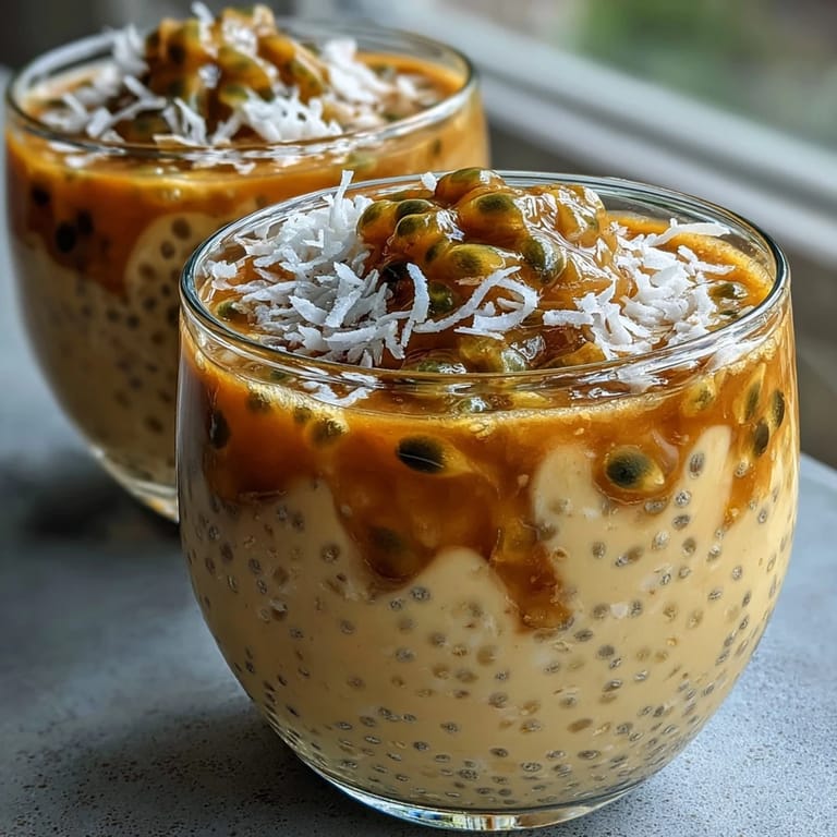 Rich coconut chia pudding infused with passionfruit, served chilled with a tropical coconut topping.