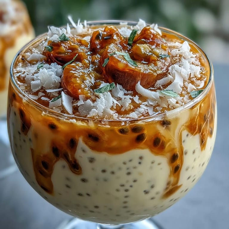 Vibrant passionfruit chia pudding garnished with shredded coconut and mint leaves for a refreshing treat.  