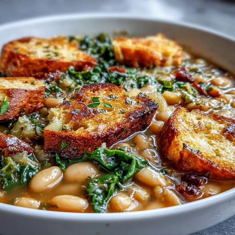 Warm bowl of Tuscan ribollita with cannellini beans, seasonal vegetables, and crispy sourdough croutons for texture.