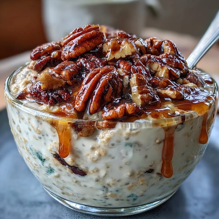Overnight oats topped with golden-brown caramelized pecans, served in a rustic bowl with a side of fresh berries.
