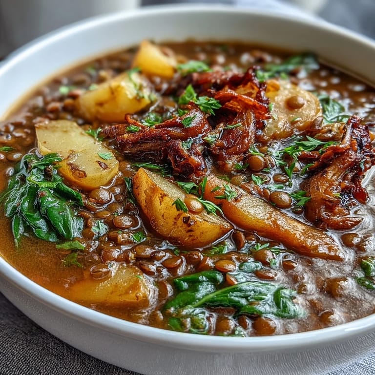 Comforting ham bone and lentil soup with earthy lentils, root vegetables, and smoky ham, served with a lemon wedge for brightness.
