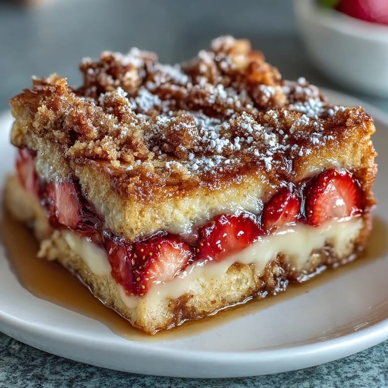 2. Make-ahead strawberry French toast casserole baked to perfection, featuring creamy custard-soaked bread and a crisp cinnamon-sugar crust.