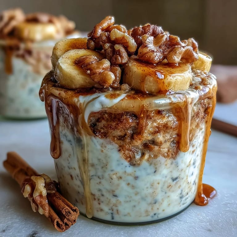 Make-ahead banana bread overnight oats layered with creamy Greek yogurt, walnuts, and sliced banana for a nutritious start.