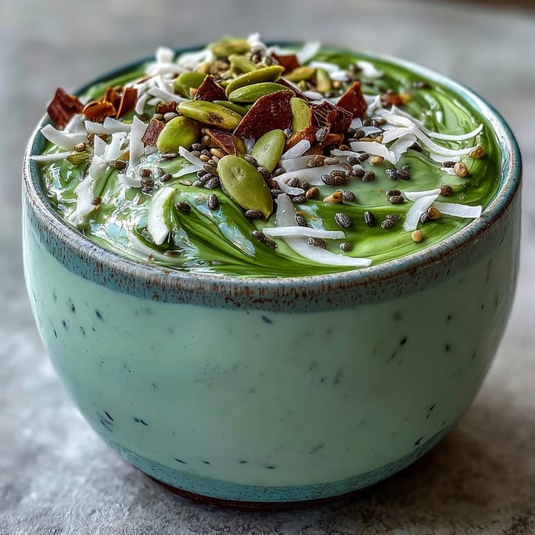 Creamy matcha green tea overnight oats layered with coconut and chia seeds, garnished with berries and a drizzle of honey.