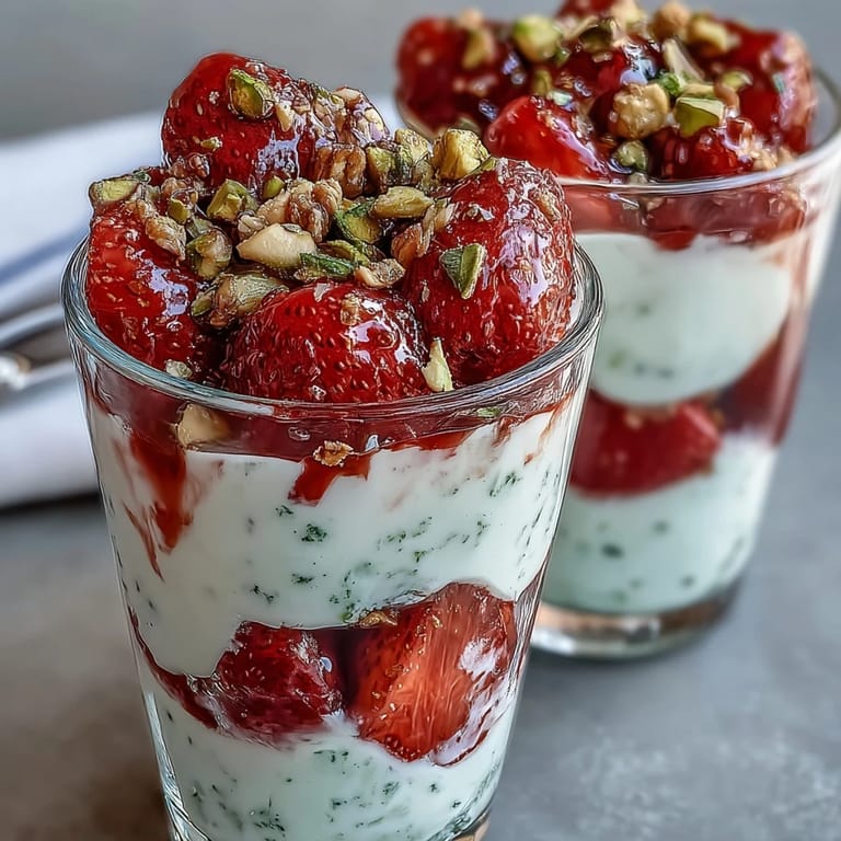 Layered pistachio and strawberry parfait featuring fresh fruit, rich Greek yogurt, and nutty crunch, ideal for brunch or snack time.