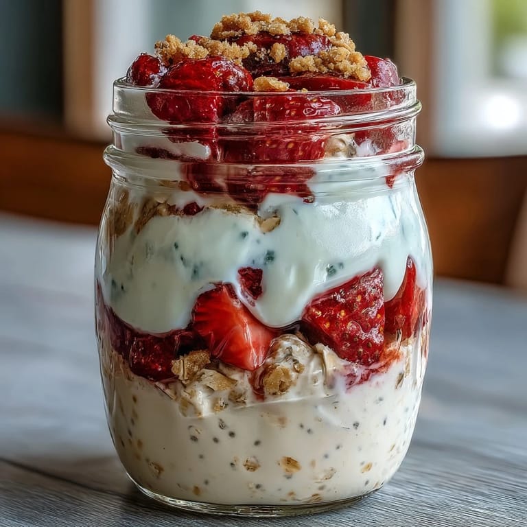 Strawberry cheesecake overnight oats in mason jars with fresh strawberries and creamy cheesecake layer.