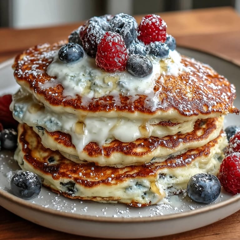Golden-brown protein pancakes with cottage cheese, studded with mixed berries, served on a rustic wooden board.