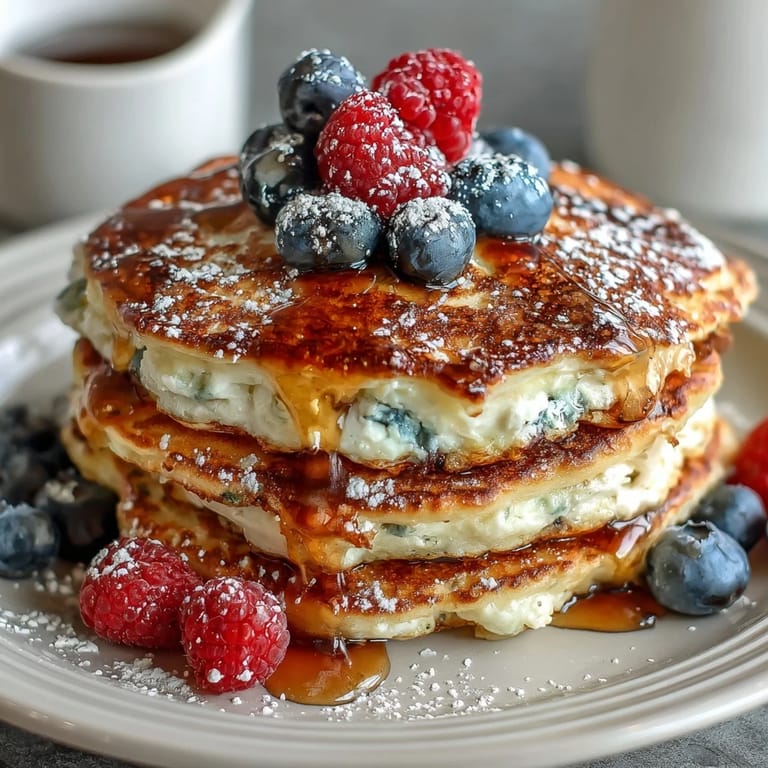 Wholesome cottage cheese and berry pancakes topped with extra fruit and a drizzle of maple syrup.