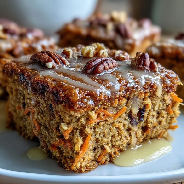 Wholesome baked oatmeal squares inspired by carrot cake, packed with grated carrots, cozy spices, and optional raisins for sweetness.  