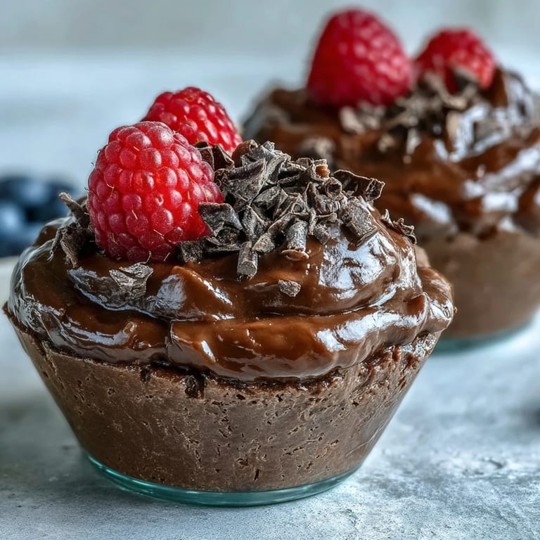 High-protein chocolate mousse cups made with cottage cheese and Greek yogurt, garnished with roasted nuts and cocoa powder.