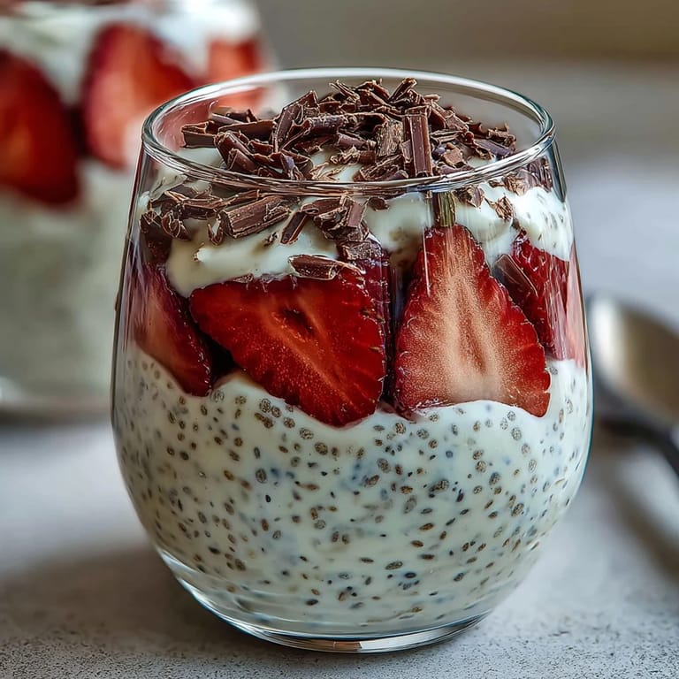 A vibrant parfait of Greek yogurt chia pudding layered with macerated strawberries and rich dark chocolate for a refreshing treat.