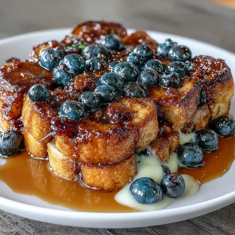 Make-ahead Blueberry Sourdough French Toast Bake, bursting with fresh berries and baked to a golden, custardy perfection.