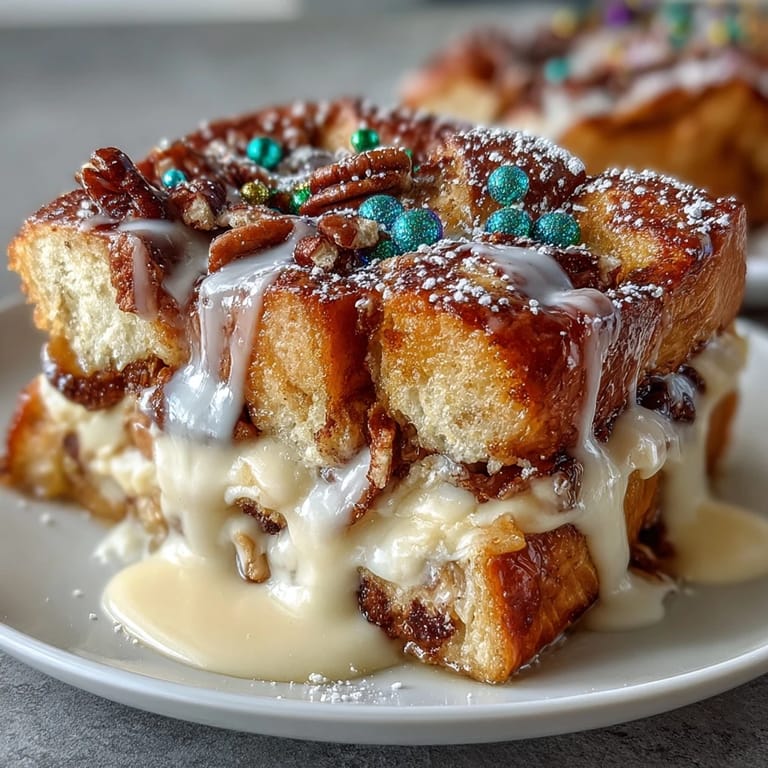 Layers of buttery brioche and creamy custard in a King Cake Overnight French Toast Bake, drizzled with vanilla glaze and festive purple, green, and gold sugars.
