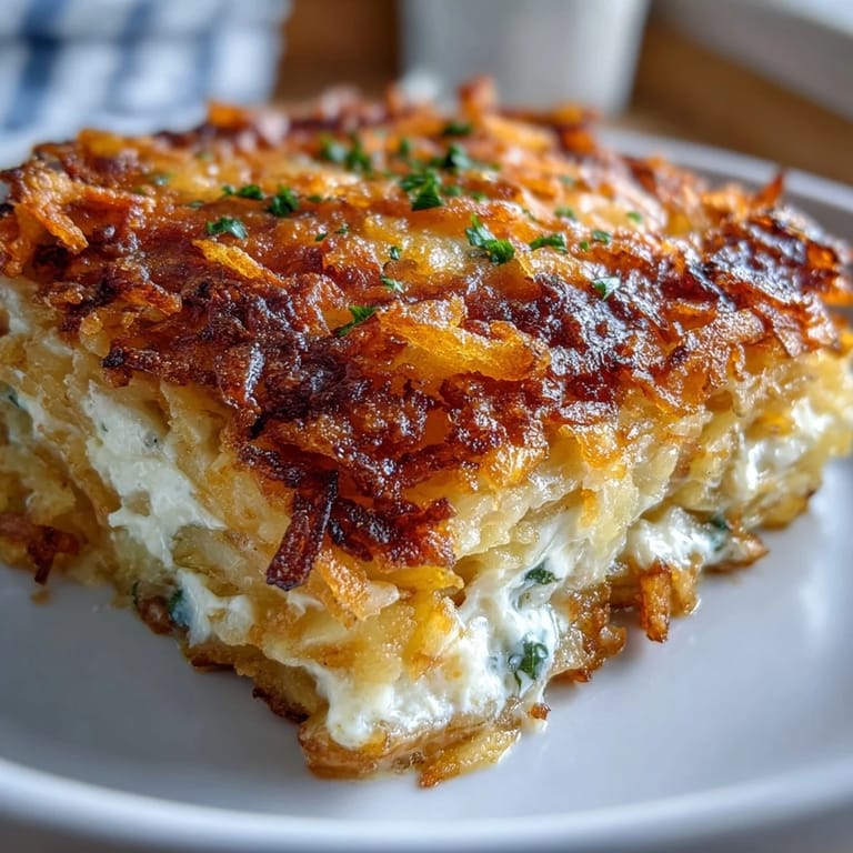 Homestyle casserole featuring creamy potatoes, melted cheddar, and a crispy hashbrown crust, ideal for comforting meals or celebrations.