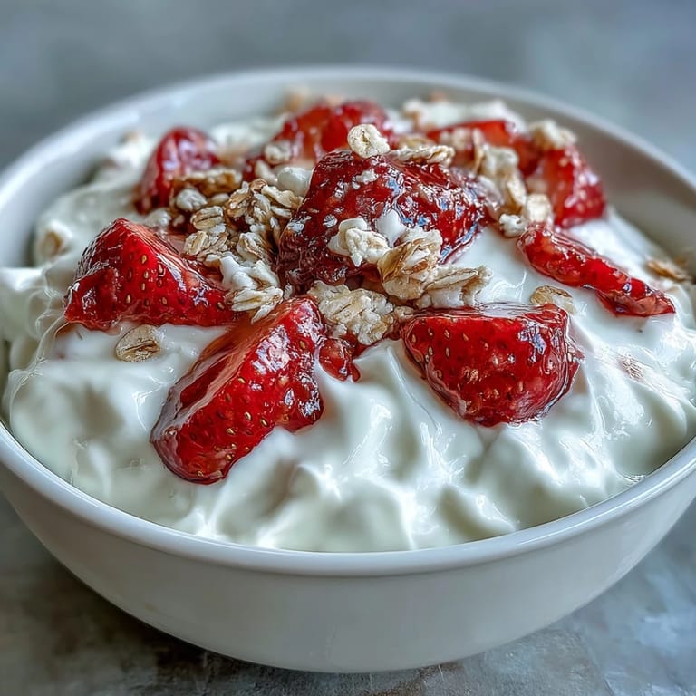 Fluffy Yogurt Breakfast Bowl with Strawberries and Granola Crunch - A nutritious breakfast featuring fluffy Greek yogurt, vibrant strawberries, and satisfying granola crunch.