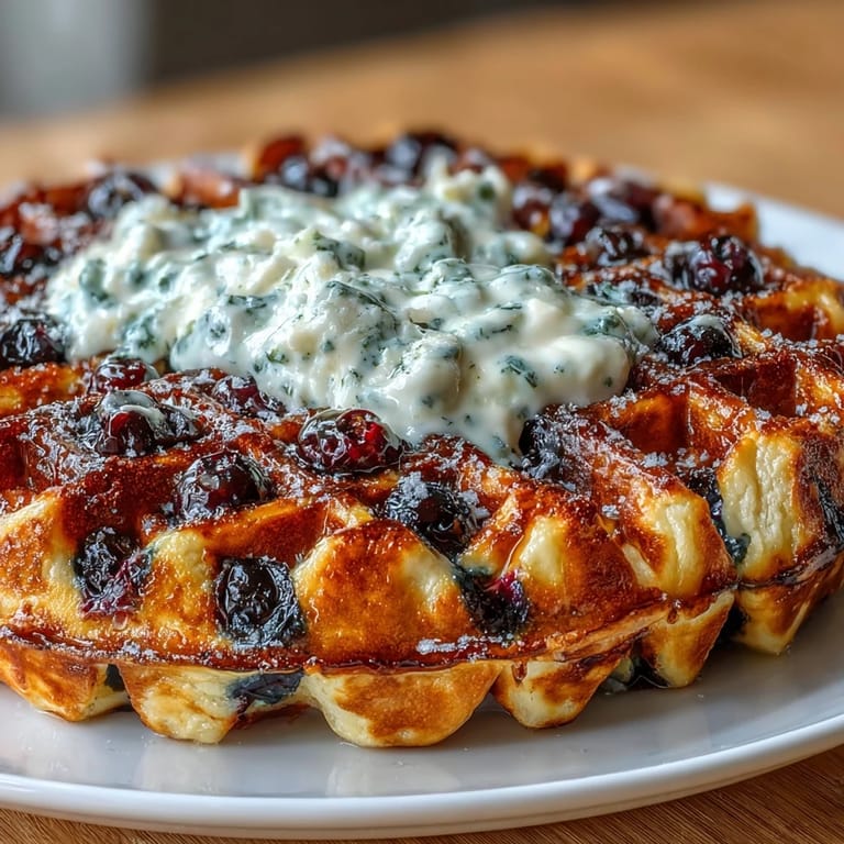 Fluffy, tangy lemon blueberry sourdough waffles topped with a swirl of maple-sweetened Greek yogurt and extra berries for a delightful breakfast.
