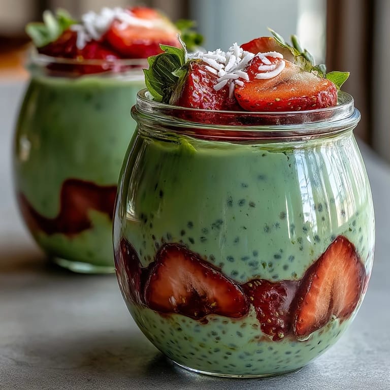 Layered chia oats with matcha green tea and juicy strawberries, topped with coconut flakes for a refreshing morning treat.
