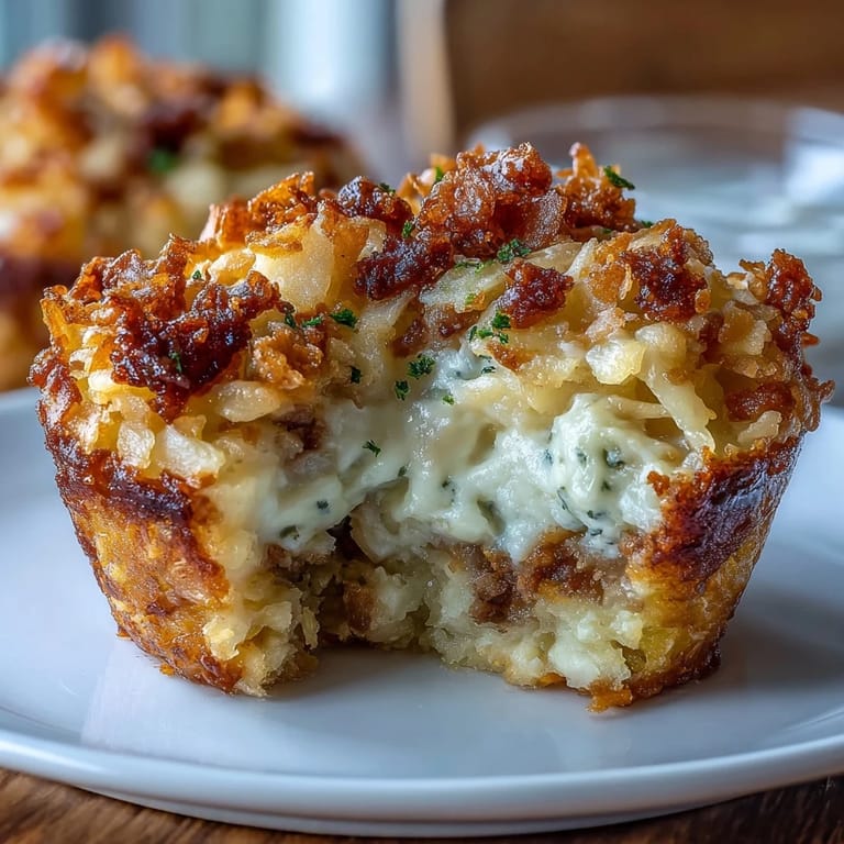 Savory muffin-sized servings of cheesy funeral potatoes, topped with crunchy cornflake crust and fresh chives.  