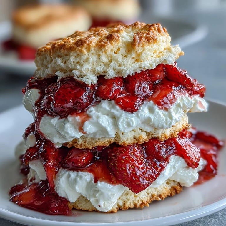 Classic Strawberry Shortcake with Biscuit Layers: buttery biscuit halves filled with sweet strawberries and clouds of vanilla whipped cream.