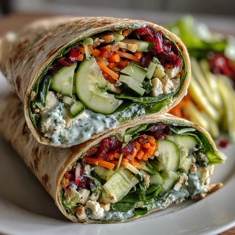 Vibrant veggie wraps featuring shredded carrots, red cabbage, and avocado, served with tangy lemon aioli for a light meal.