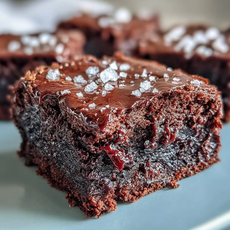 Ultra-decadent brownies made with sourdough discard, featuring a deep chocolate flavor and a subtle tang, finished with a sprinkle of sea salt.