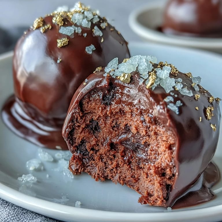Luxurious chocolate truffles infused with strawberry, dipped in dark chocolate and garnished with shimmering edible gold flakes.