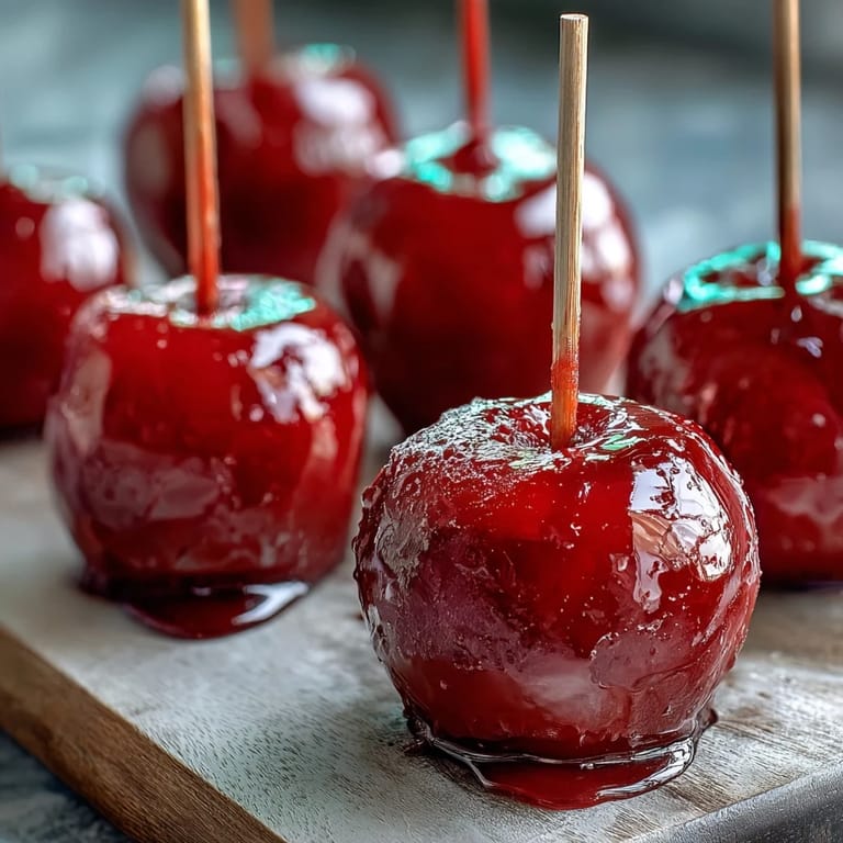 Bite-sized mini apples coated in a hard, shiny red candy shell, ideal for fun party treats.