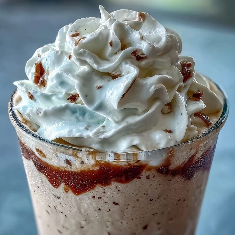 Two glasses of refreshing vanilla bean frappuccino with a generous swirl of dairy-free coconut whipped cream on top.  