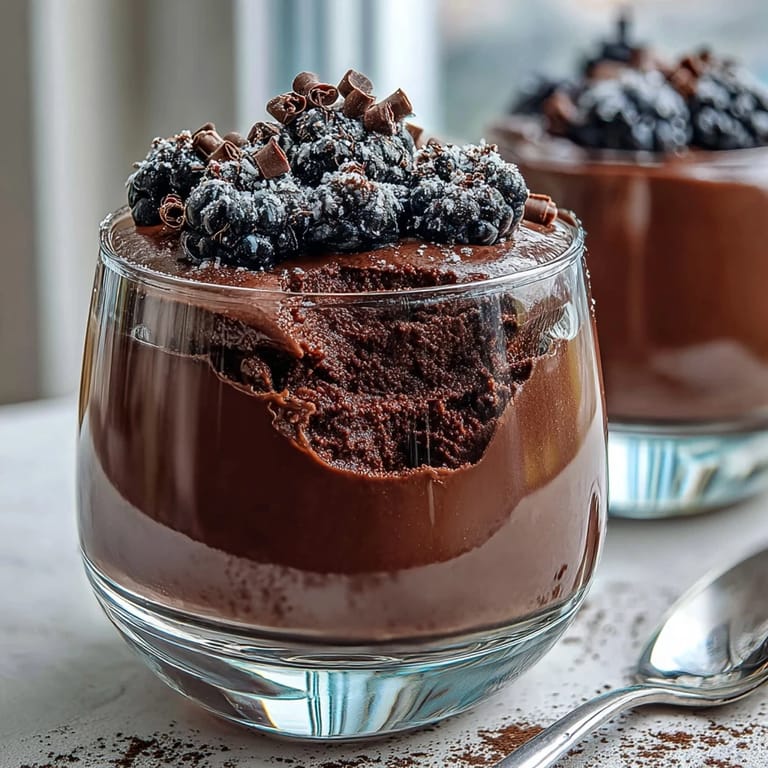 Creamy chocolate mousse made with cottage cheese and Greek yogurt, garnished with shaved dark chocolate and chopped nuts.