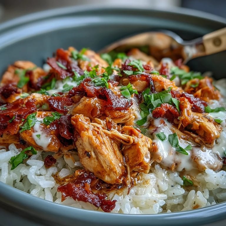 Flavorful Crockpot Mississippi Chicken Rice Bowls with buttery shredded chicken, tangy peppers, and aromatic rice for a satisfying dinner.